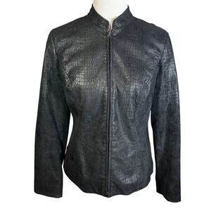 Rachel Adams Faux Leather Crocodile Print Black Jacket Womens Sz M Polyester